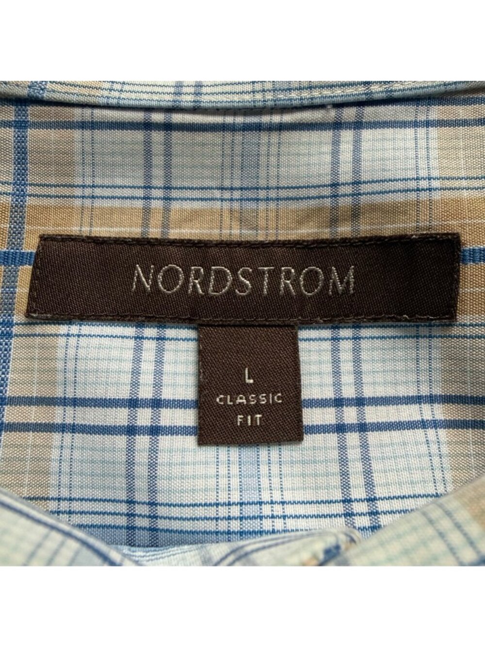 Nordstrom Size L Blue & Tan Plaid Wrinkle-Free Cotton Blend Button-Down Shirt - Picture 5 of 13